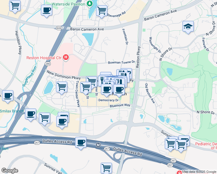 map of restaurants, bars, coffee shops, grocery stores, and more near Freedom Drive in Reston