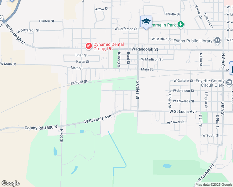 map of restaurants, bars, coffee shops, grocery stores, and more near 308 South Dieckmann Street in Vandalia