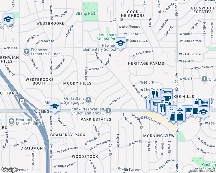 map of restaurants, bars, coffee shops, grocery stores, and more near 9414 Connell Drive in Overland Park