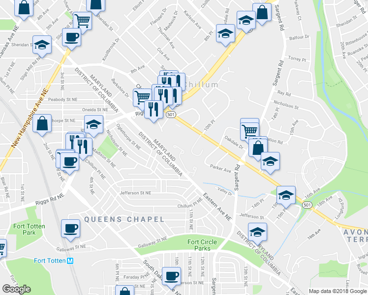 map of restaurants, bars, coffee shops, grocery stores, and more near 5023 Colburn Terrace in Hyattsville