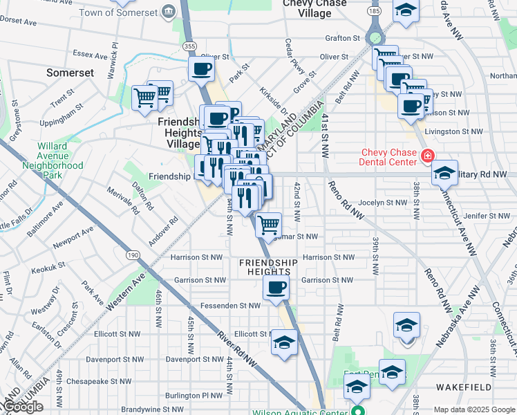 map of restaurants, bars, coffee shops, grocery stores, and more near 5301 Wisconsin Avenue Northwest in Washington