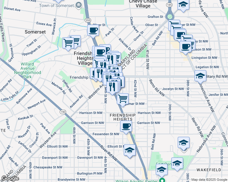 map of restaurants, bars, coffee shops, grocery stores, and more near 5309 Wisconsin Avenue Northwest in Washington