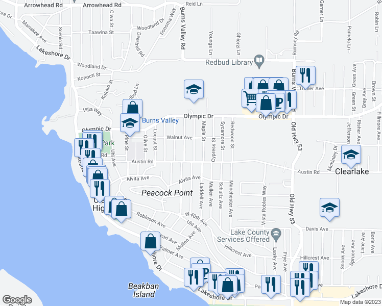 map of restaurants, bars, coffee shops, grocery stores, and more near 3675 Buckeye Street in Clearlake