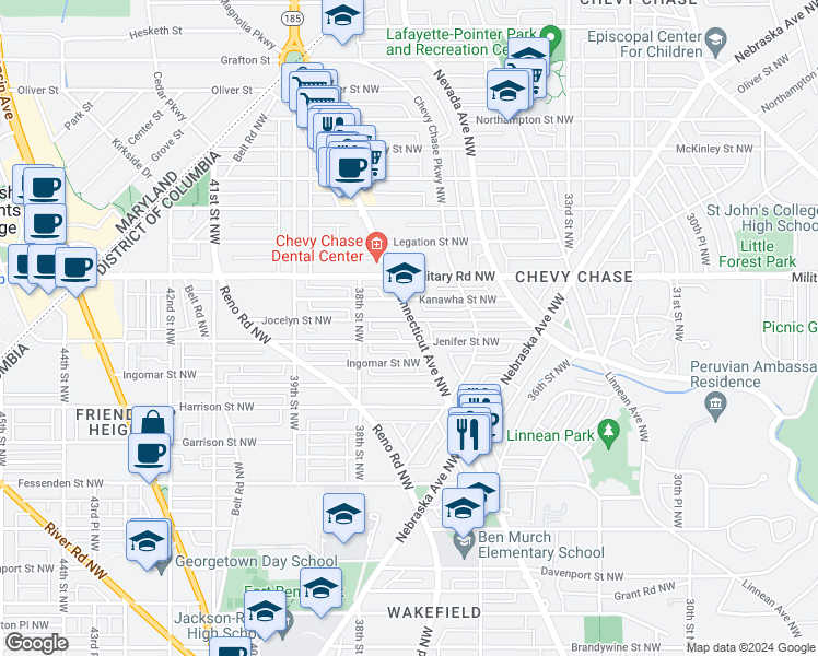 map of restaurants, bars, coffee shops, grocery stores, and more near 5298 Connecticut Avenue Northwest in Washington