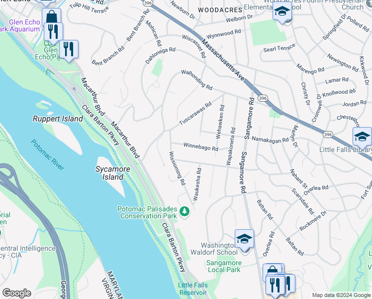 map of restaurants, bars, coffee shops, grocery stores, and more near 6220 Winnebago Road in Bethesda