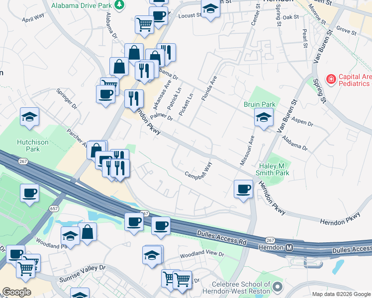 map of restaurants, bars, coffee shops, grocery stores, and more near 367 Linden Court in Herndon