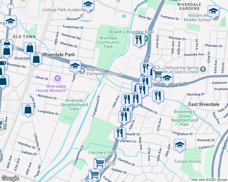 map of restaurants, bars, coffee shops, grocery stores, and more near 5313 Riverdale Road in Riverdale Park