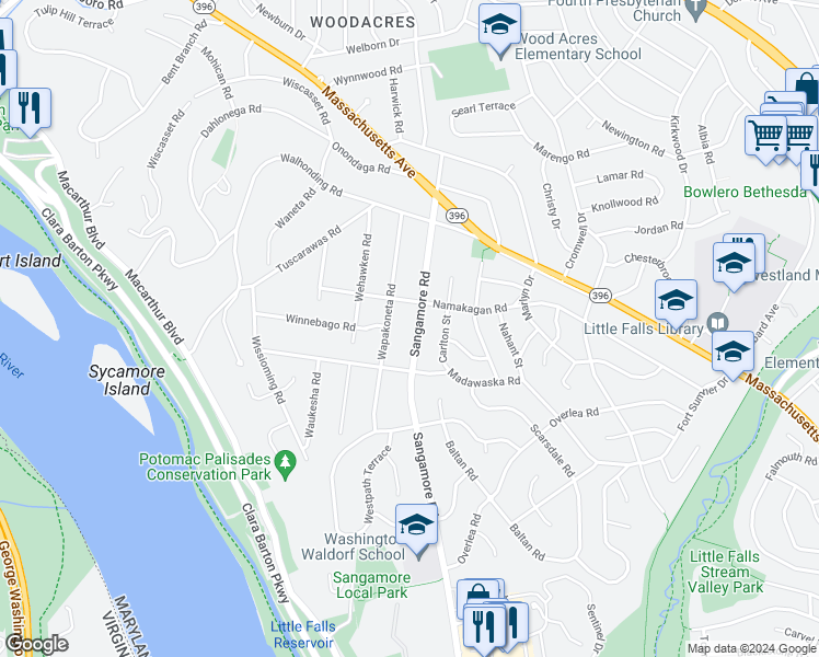 map of restaurants, bars, coffee shops, grocery stores, and more near 5216 Sangamore Road in Bethesda