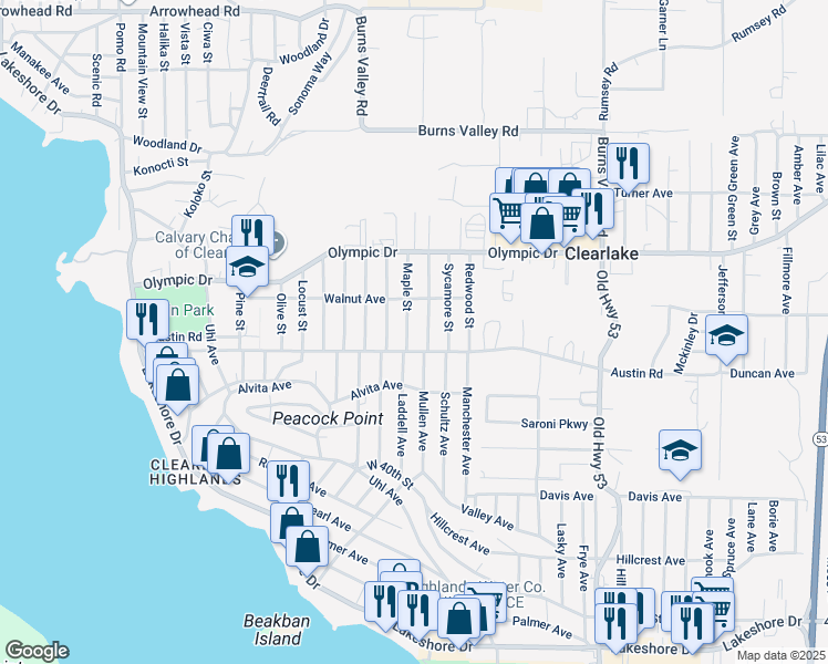 map of restaurants, bars, coffee shops, grocery stores, and more near 3678 Maple Street in Clearlake