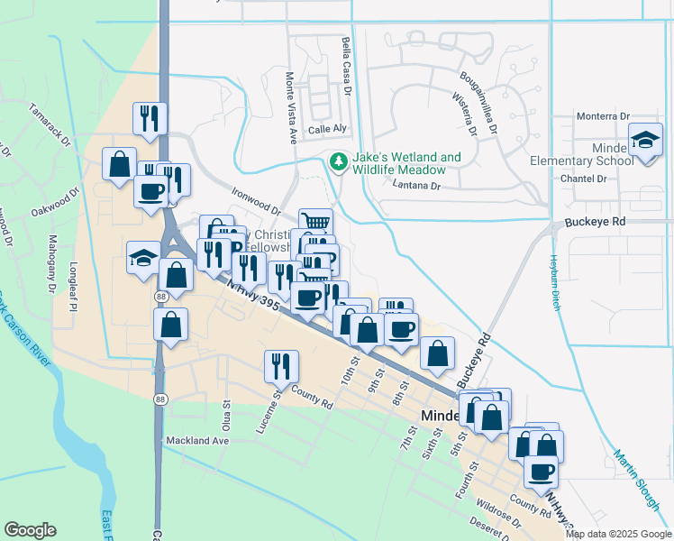 map of restaurants, bars, coffee shops, grocery stores, and more near 1668 East Minden Village Loop in Minden
