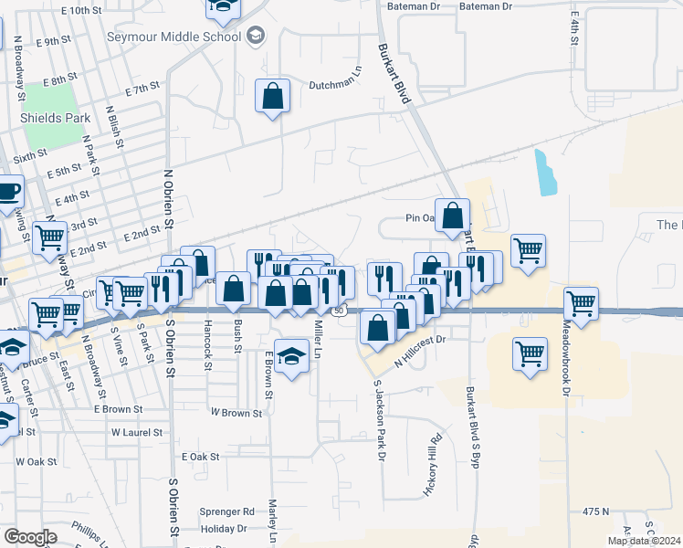 map of restaurants, bars, coffee shops, grocery stores, and more near 392 South Jackson Park Drive in Seymour