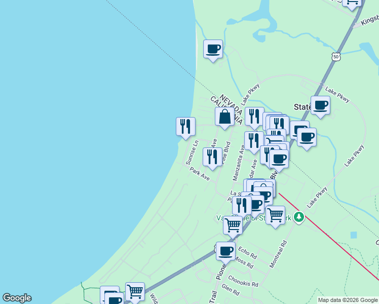 map of restaurants, bars, coffee shops, grocery stores, and more near 4061 Sunrise Lane in South Lake Tahoe