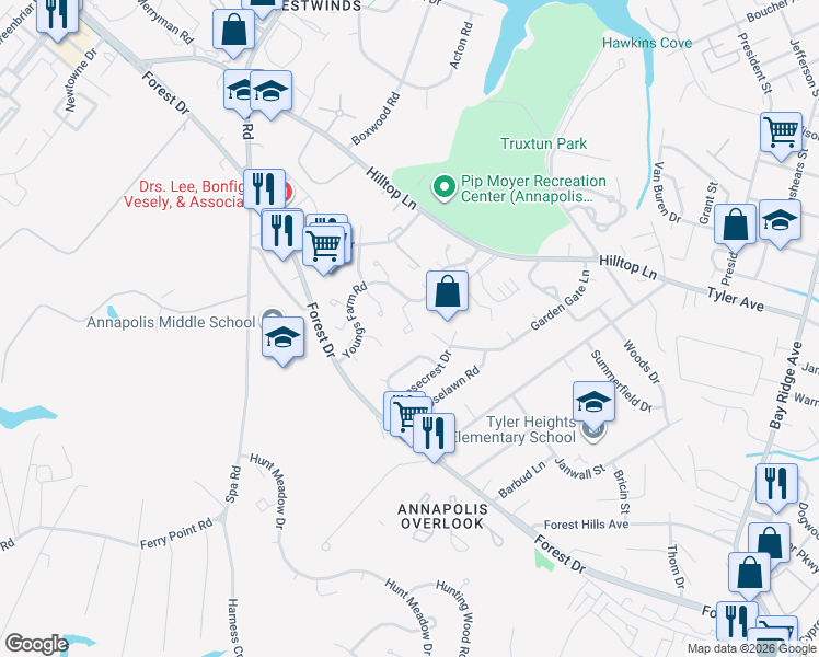 map of restaurants, bars, coffee shops, grocery stores, and more near 40 Rockwell Court in Annapolis