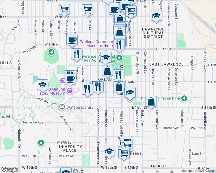 map of restaurants, bars, coffee shops, grocery stores, and more near 1310 Kentucky Street in Lawrence