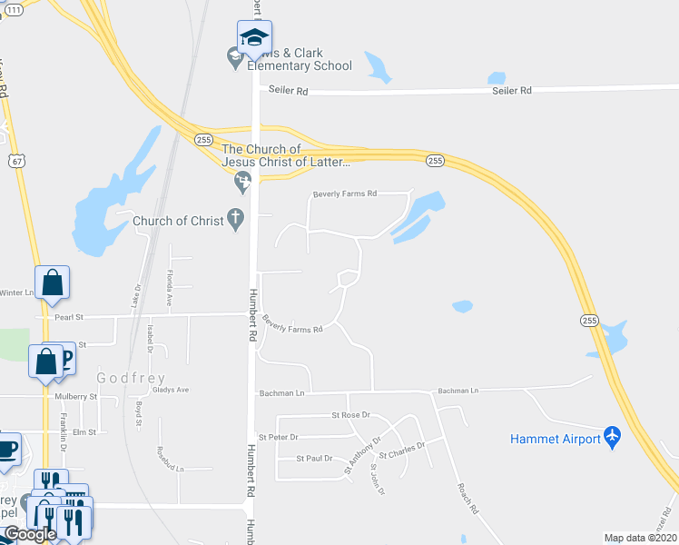 map of restaurants, bars, coffee shops, grocery stores, and more near Beverly Farms Road in Godfrey