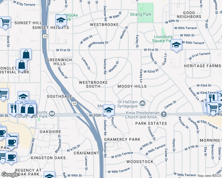 map of restaurants, bars, coffee shops, grocery stores, and more near 9220 Sturgeon Street in Overland Park