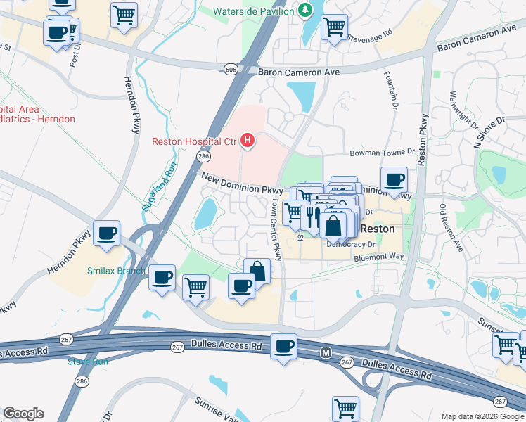 map of restaurants, bars, coffee shops, grocery stores, and more near 12121 Chancery Station Circle in Reston