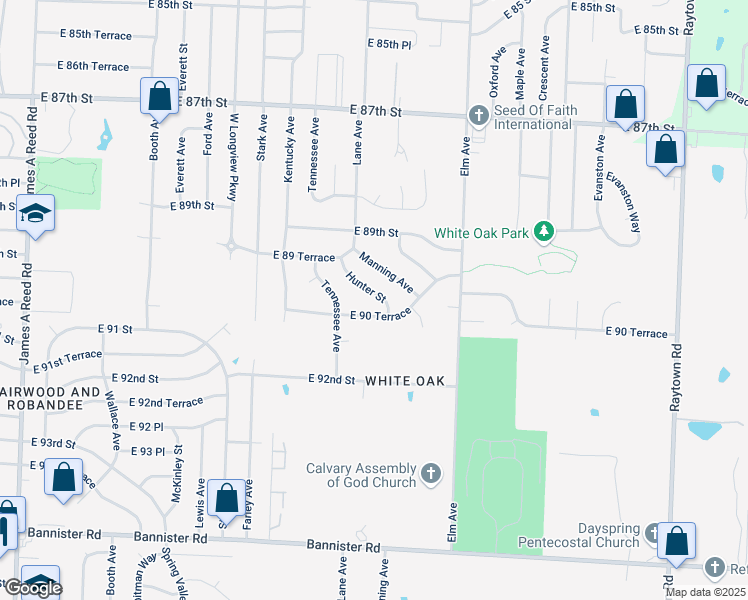 map of restaurants, bars, coffee shops, grocery stores, and more near 9014 Hunter Street in Kansas City