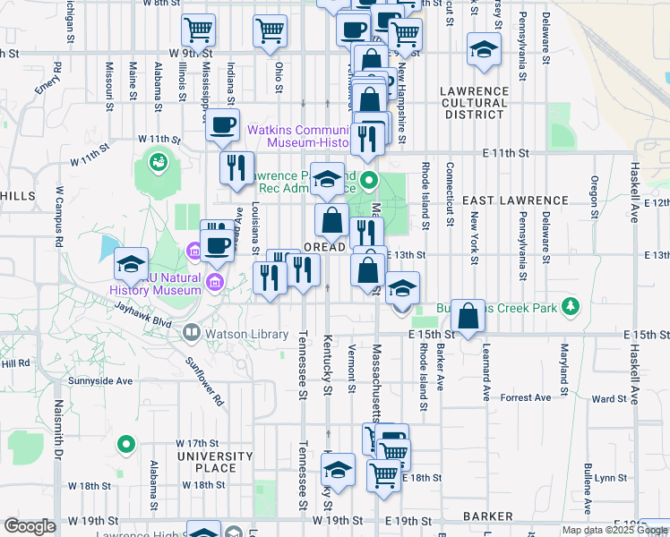 map of restaurants, bars, coffee shops, grocery stores, and more near 1310 Kentucky Street in Lawrence