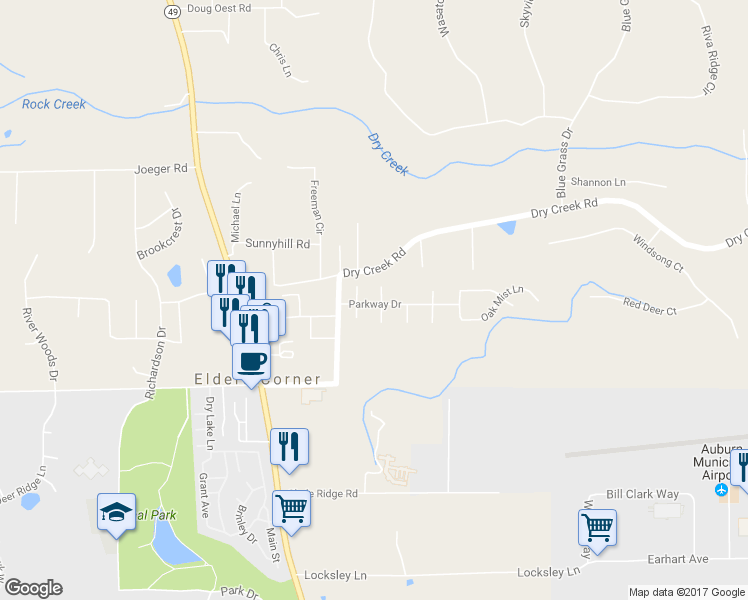 map of restaurants, bars, coffee shops, grocery stores, and more near 3905 Creekside Place in Auburn