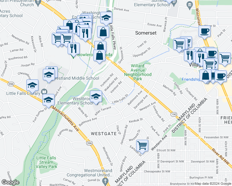map of restaurants, bars, coffee shops, grocery stores, and more near 5020 Smallwood Drive in Bethesda