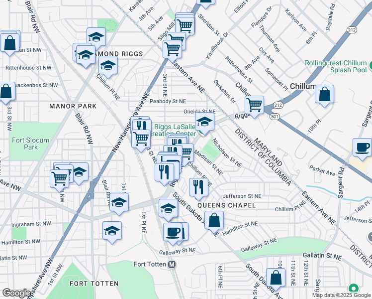 map of restaurants, bars, coffee shops, grocery stores, and more near 426 Riggs Road Northeast in Washington