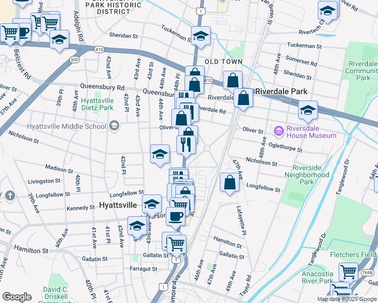map of restaurants, bars, coffee shops, grocery stores, and more near 6001 Baltimore Avenue in Riverdale Park