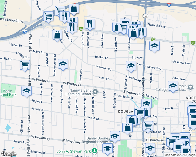 map of restaurants, bars, coffee shops, grocery stores, and more near 210 Lynn Street in Columbia