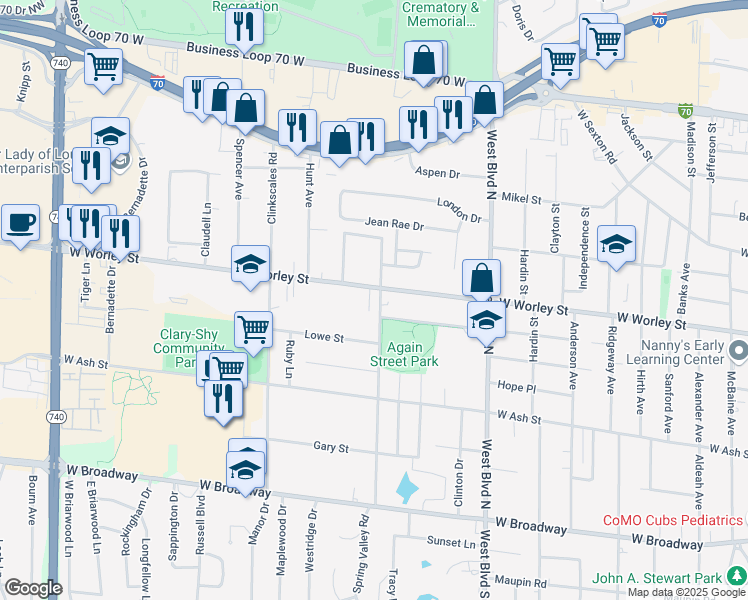 map of restaurants, bars, coffee shops, grocery stores, and more near 407 Pershing Road in Columbia