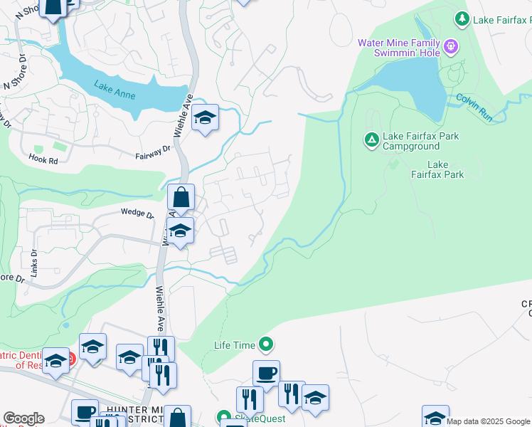map of restaurants, bars, coffee shops, grocery stores, and more near 1608 Oak Spring Way in Reston