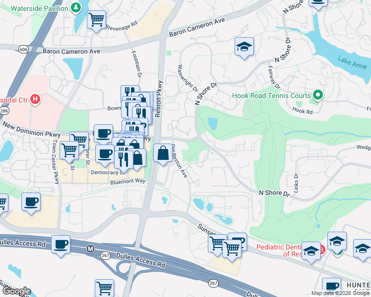 map of restaurants, bars, coffee shops, grocery stores, and more near 1802 Old Reston Avenue in Reston