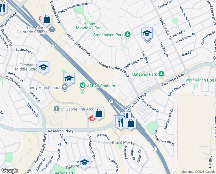 map of restaurants, bars, coffee shops, grocery stores, and more near 8791 Vista Azul Heights in Colorado Springs