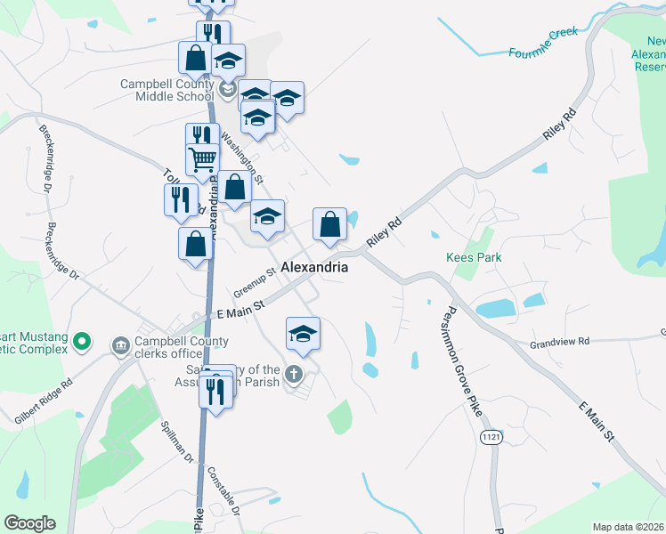 map of restaurants, bars, coffee shops, grocery stores, and more near 8340 East Main Street in Alexandria