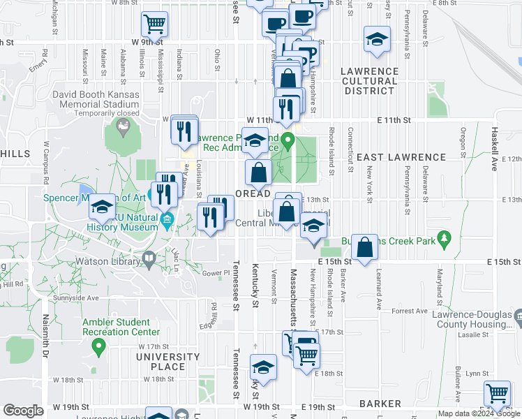 map of restaurants, bars, coffee shops, grocery stores, and more near 1310 Kentucky Street in Lawrence