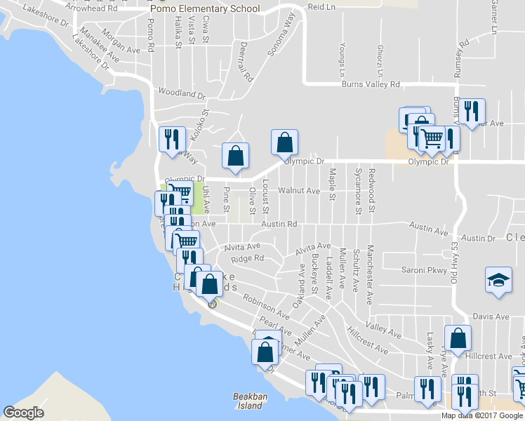 map of restaurants, bars, coffee shops, grocery stores, and more near 3665 Locust Street in Clearlake
