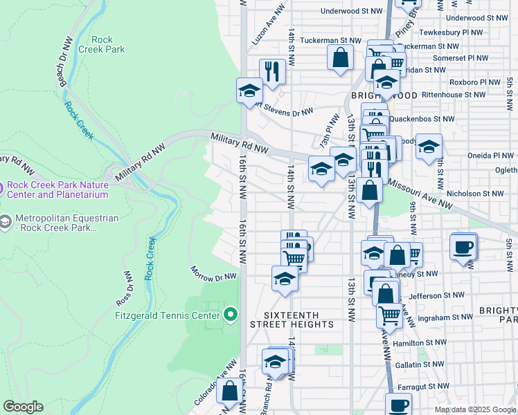 map of restaurants, bars, coffee shops, grocery stores, and more near 1431 Montague Street Northwest in Washington