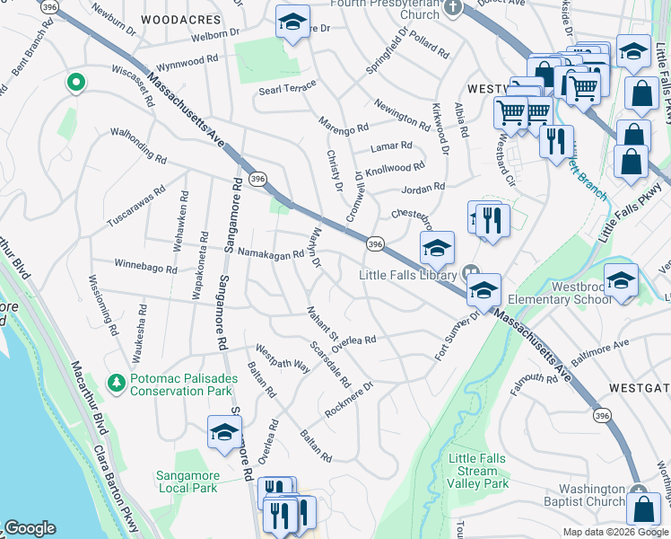 map of restaurants, bars, coffee shops, grocery stores, and more near 5214 Belvoir Drive in Bethesda