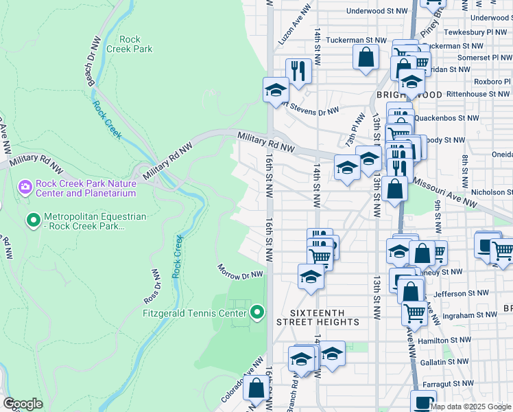 map of restaurants, bars, coffee shops, grocery stores, and more near 1619 Montague Street Northwest in Washington