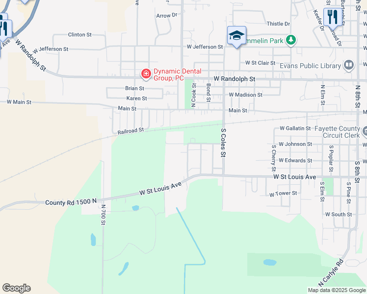 map of restaurants, bars, coffee shops, grocery stores, and more near 308 South Dieckmann Street in Vandalia