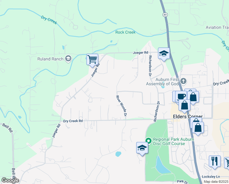 map of restaurants, bars, coffee shops, grocery stores, and more near 4155 River Woods Drive in Auburn