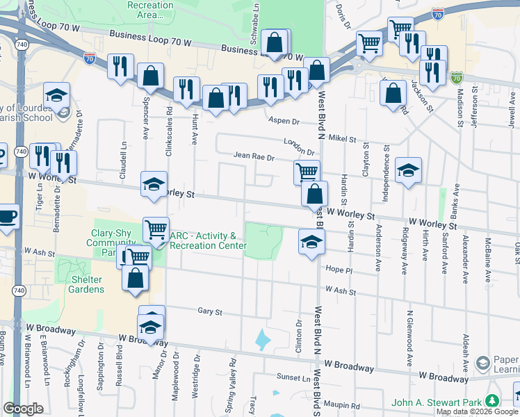 map of restaurants, bars, coffee shops, grocery stores, and more near 1206 West Worley Street in Columbia
