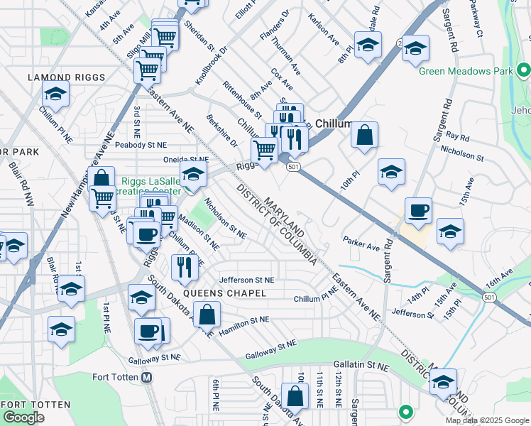 map of restaurants, bars, coffee shops, grocery stores, and more near 5814 Eastern Avenue Northeast in Washington