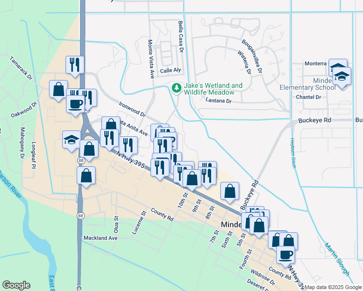 map of restaurants, bars, coffee shops, grocery stores, and more near 1668 East Minden Village Loop in Minden