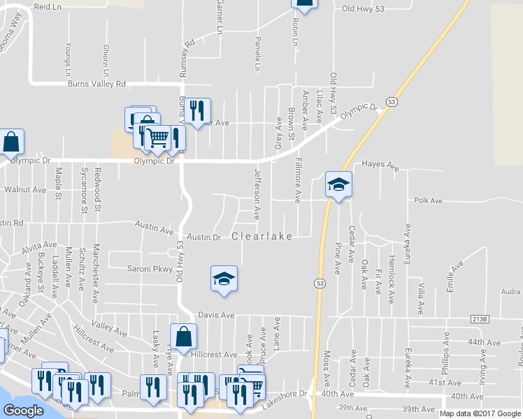 map of restaurants, bars, coffee shops, grocery stores, and more near 3632 Jefferson Avenue in Clearlake