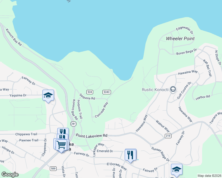 map of restaurants, bars, coffee shops, grocery stores, and more near 4645 Kaweah Road in Kelseyville