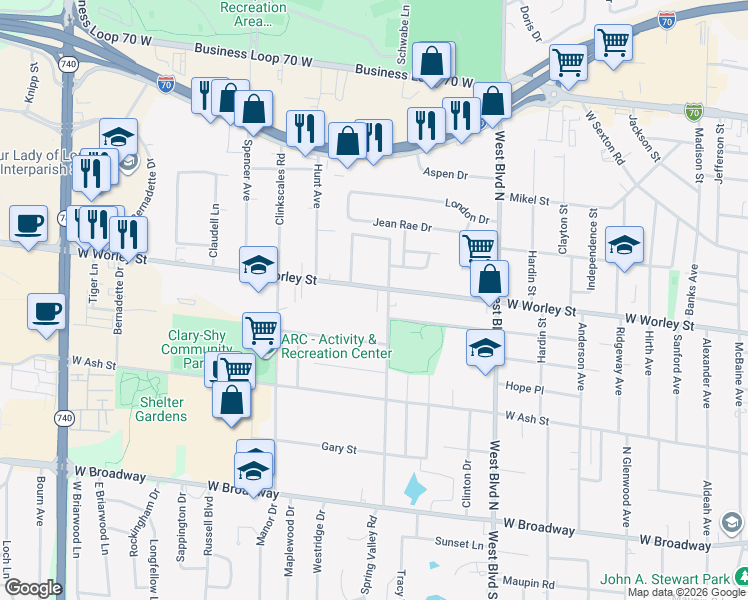 map of restaurants, bars, coffee shops, grocery stores, and more near 409 Auburn Lane in Columbia