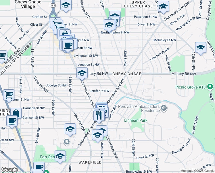 map of restaurants, bars, coffee shops, grocery stores, and more near 3622 Jocelyn Street Northwest in Washington
