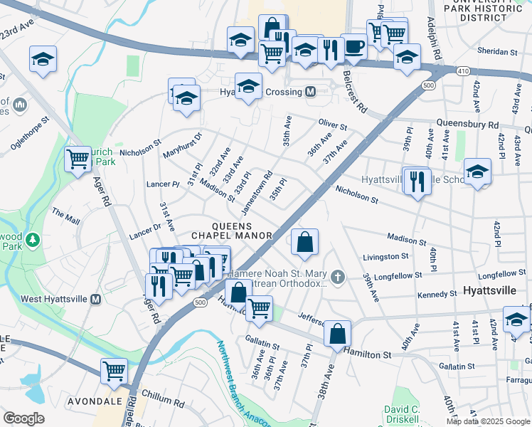 map of restaurants, bars, coffee shops, grocery stores, and more near 3522 Madison Street in Hyattsville
