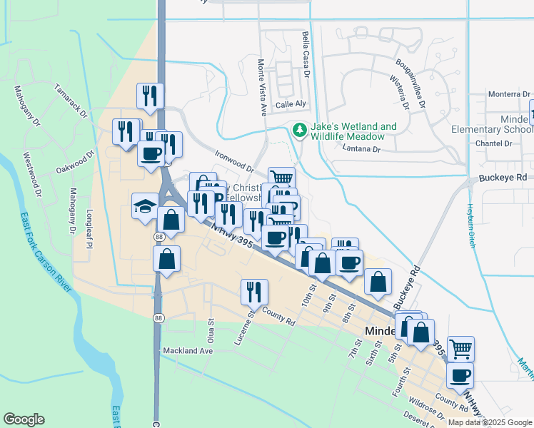 map of restaurants, bars, coffee shops, grocery stores, and more near 1674 Lucerne Street in Minden