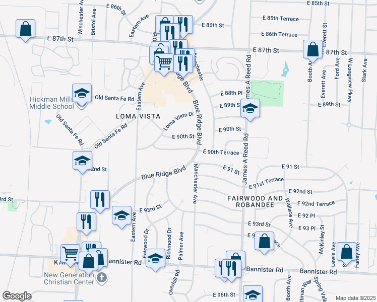 map of restaurants, bars, coffee shops, grocery stores, and more near 7715 East 90th Terrace in Kansas City